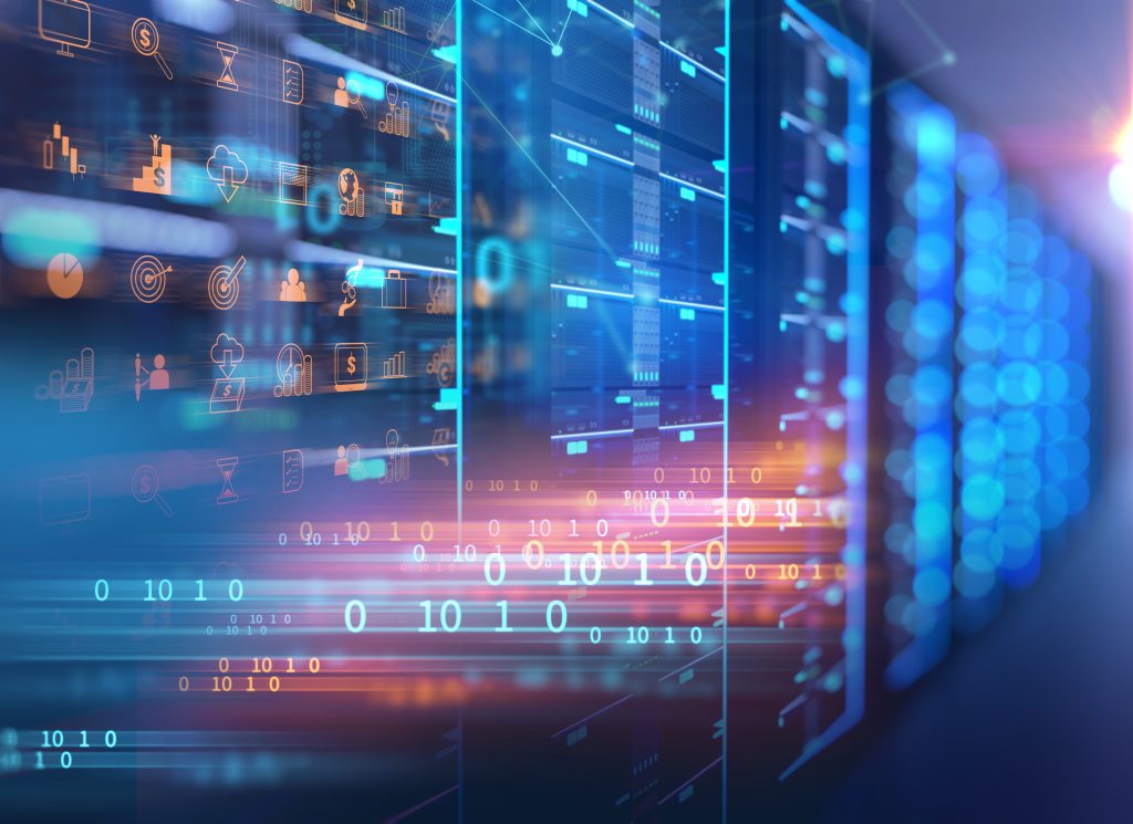 server room 3d illustration with programming data design element.